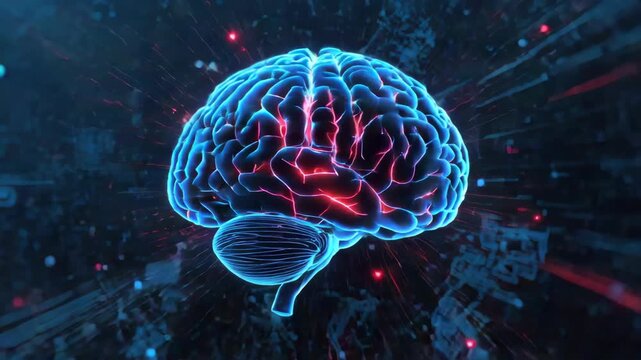 Neon brain illustration glowing blue with pink neural sparks and neuron cortex cerebellum synapse
