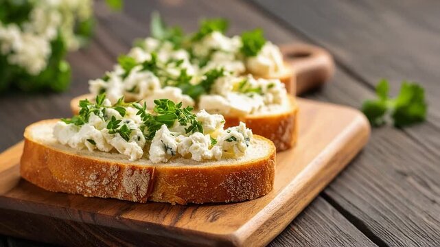 Slice of rustic bread topped with creamy herb cheese spread, fresh parsley, and herbs, representing simple gourmet appetizer and fresh homemade comfort food.