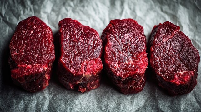 Premium fresh top shot: 4 raw steak types white paper gray bg sunny, minimal feminine soft light razor-sharp, ideal for organic meat e-comm, gourmet store detail, upscale restaurant supply banner