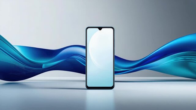 Smartphone with blank screen and flowing blue wave background . minimal bezel smartphone with