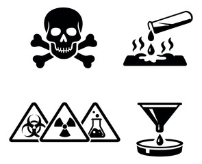 Graphic hazard and chemical icons set featuring warning symbols and laboratory processes for science and safety concepts