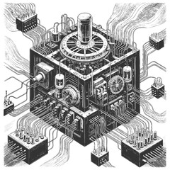 vintage mechanical device connected to numerous wires, switches, and control boxes in all directions sketch engraving generative ai raster illustration. Scratch board imitation. Black and white image.