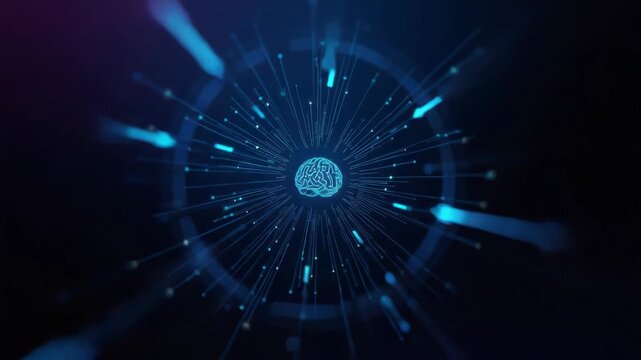 Neon digital brain glowing center with radiating neural network lines and futuristic technology