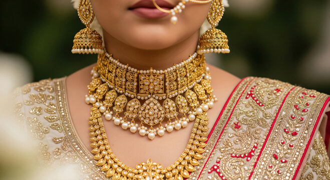 Indian Bride Adorned with Exquisite Gold Jewelry and Traditional Attire