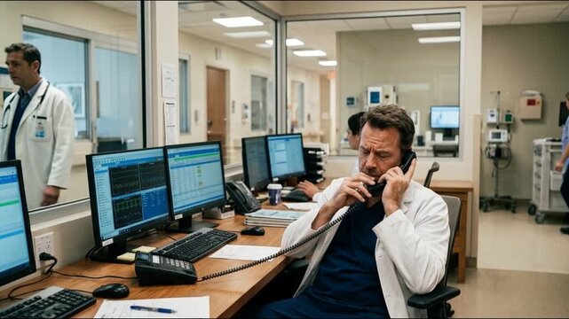 Busy hospital emergency department with stressed doctor talking on phone while reviewing patient data at computer workstation during intense medical shift.