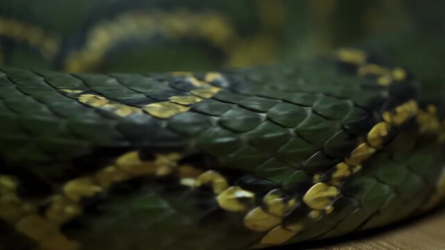 This moody macro close-up captures the detailed texture of dark green and yellow snake scales coiling, emphasizing the mysterious natural beauty of the reptile in a dimly lit environment.