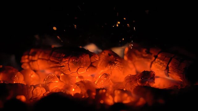 Intensely glowing wood embers are captured in a vibrant orange, high-contrast close-up, smoldering warmly against the dark background of a fireplace hearth.