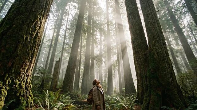 Low angle shot of a woman standing in a misty redwood forest looking up. Sunbeams shining through the canopy of tall ancient trees. Hiker exploring nature in solitude