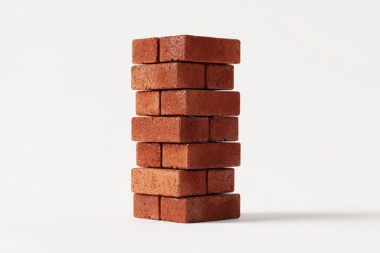 Minimalist red brick stack sculpture, 3D illustration on a white backdrop