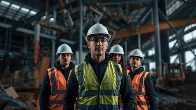 Construction worker team safety vest and helmet standing confidently industrial site construction