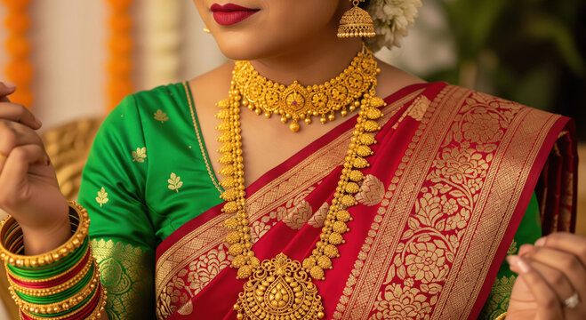 Elegant South Indian Woman in Traditional Silk Saree and Gold Jewelry