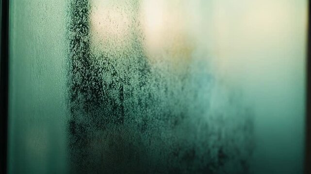 Condensation patterns on clear glass forming delicate droplets and streaks, creating an abstract, cool toned textured background with soft focus and subtle green gradient