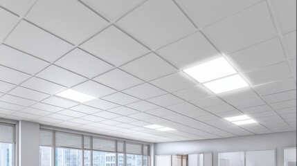 Obraz premium Modern office ceiling grid featuring bright LED panels and clean, minimalist dÃ©cor