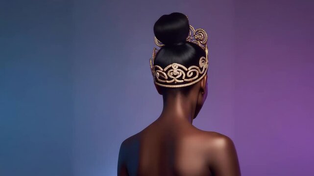 African regal woman portrait profile crowned ornate jeweled crown, elegant bun, poised dramatic