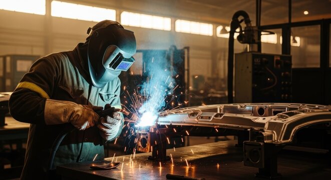 Welder working on metal piece; protective gear sparks fly in workshop