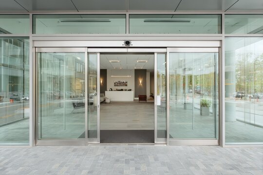 Modern lobby entry featuring sensor-activated automatic doors