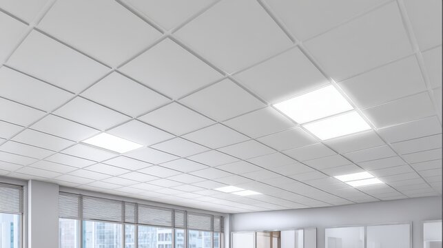 Modern office ceiling grid featuring bright LED panels and clean, minimalist d&Atilde;&copy;cor