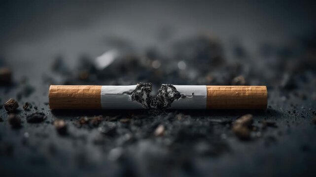 Broken cigarette dark surface with ash tobacco debris charcoal texture conveying smoked filter