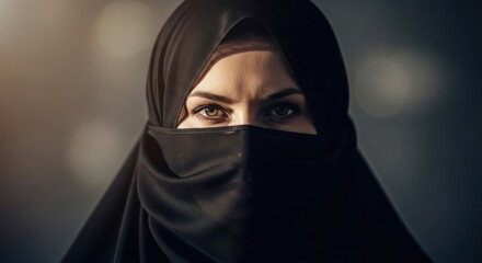 Naklejka premium Woman with piercing eyes wearing a dark veil, partially covering face