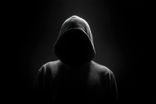 Mysterious hooded figure in a dark, minimalist setting