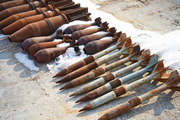 Fototapeta premium Old shells for training sappers in mine clearance skills.