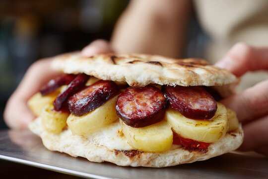 Close-up hands assembling pambazo with potatoes and chorizo.