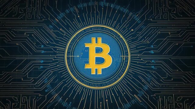 Digital cryptocurrency emblem and coin radiating blockchain network energy with digital circuit