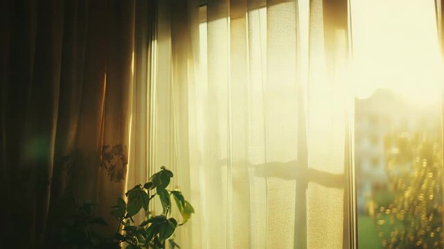 Golden sunlight streams through translucent window curtains, casting a warm glow on a green houseplant and an empty pot resting on the windowsill, creating a peaceful indoor ambiance