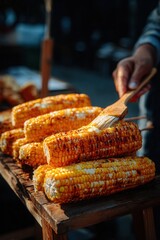 Close-up hands brushing butter onto hot elote.