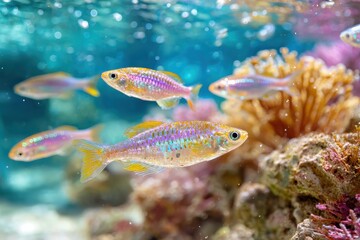 Vibrant Tropical Fish Swimming Among Colorful Coral in Crystal Clear Ocean Waters, Capturing the Beauty of Underwater Life and Marine Ecosystems
