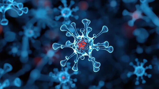 Blue virus particle close up glowing center and spike protein structure in dramatic microscope view