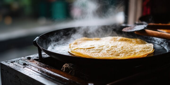 Close-up tortilla puffing on hot comal.