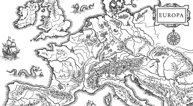 illustrated map of Europe featuring fantasy elements like sea serpents, ships, castles, and compass rose sketch engraving generative ai raster illustration. Scratch board imitation. Black and white.