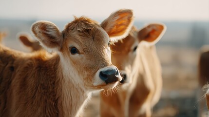 A curious calf stands in soft morning light, showcasing its soft brown fur and large, gentle eyes. This close-up captures the innocent charm of young farm livestock.