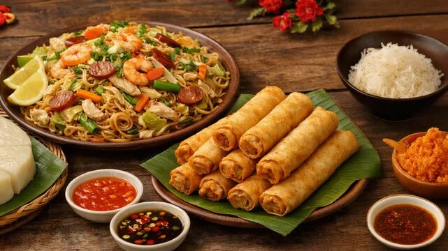 Traditional Asian feast featuring fried spring rolls, stir-fried noodles, rice, and dipping sauces on a rustic table, celebrating authentic cuisine, sharing, and festive dining culture.