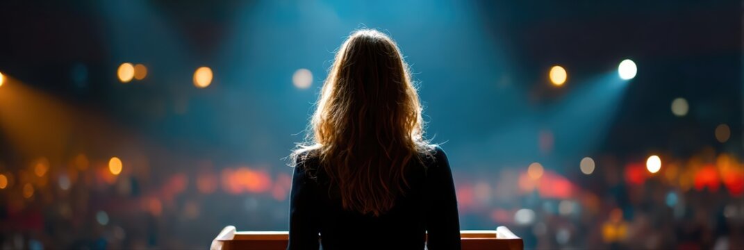 A woman stands at a podium, illuminated by stage lights, facing a blurred audience. The scene captures the essence of public speaking and inspirational leadership.