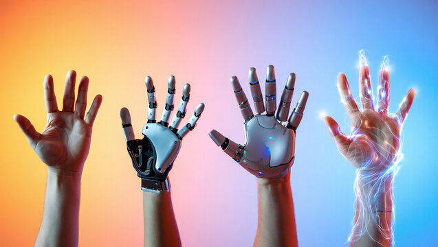 Human and Robotic Hands Showing Evolution of Technology