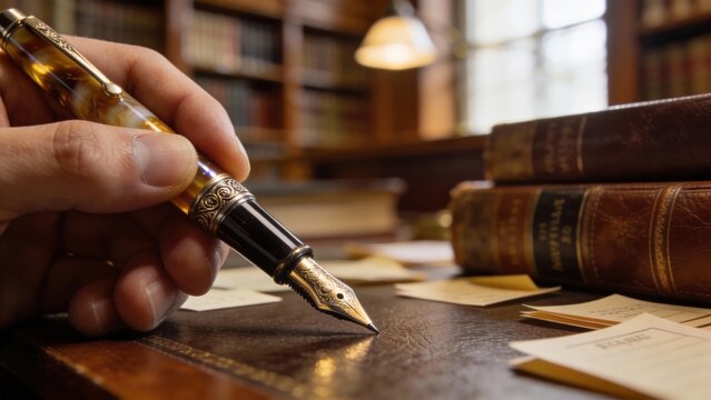 Hand Signing Legal Papers With Fountain Pen On Desk Near Law Books, Ink Flowing And Careful Script, CloseUp Of Signature Process And Archival Volumes, Scholarly Ambience