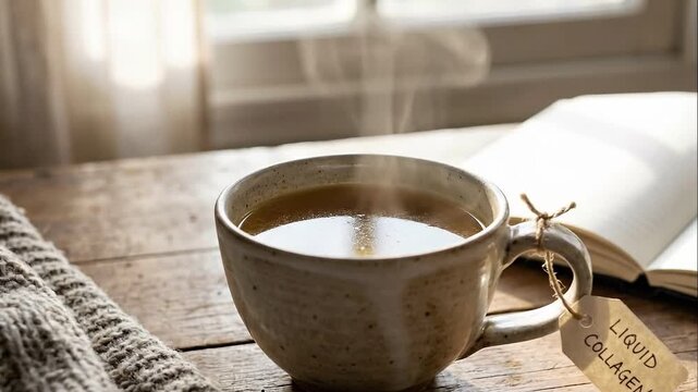 Hot cup of liquid collagen with steam rising on a rustic wooden table. Healthy nutrition supplement drink with a label tag. Cozy morning lifestyle with a book and knitted blanket