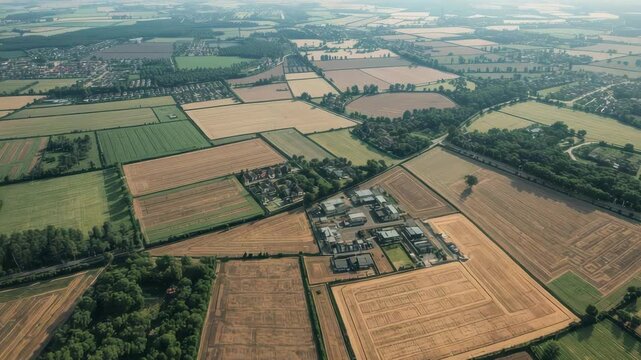 Aerial farmland patchwork with fields, hedgerow borders and village in soft rural sunlight