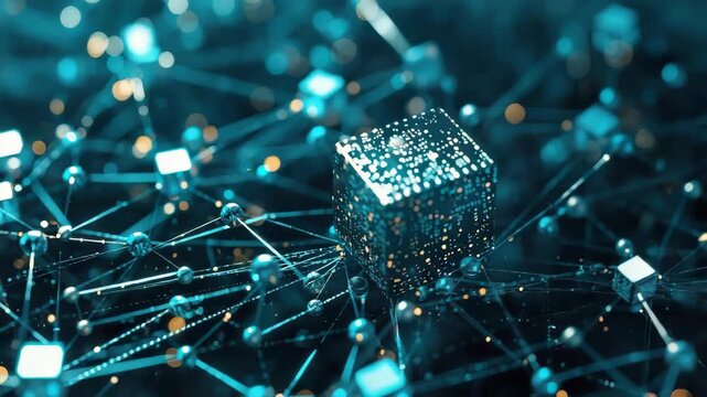 Digital data cube network node circuit connection glowing with flowing teal and gold light