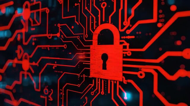 Red digital padlock circuit board conveying cybersecurity threat, network security and data