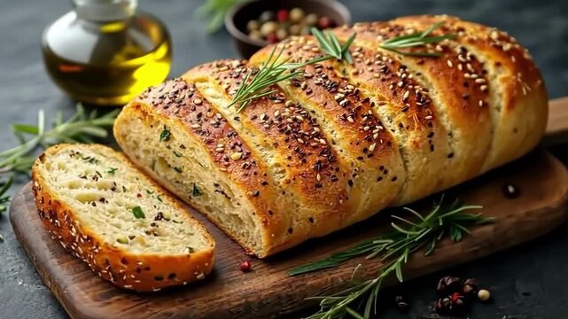 Freshly baked garlic bread with herbs and spices served on a wooden board in a cozy kitchen setting