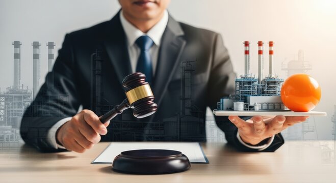 Distinguished businessman presides over industrial plant auction symbolizing privatization asset sales and strategic sector investment analysis