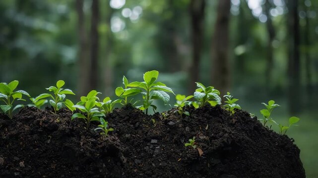 Young green seedlings sprouting row from rich dark soil forest clearing hopeful sprout plant soil