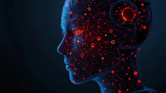 Futuristic humanoid profile with glowing neural network and red data node connections illuminating