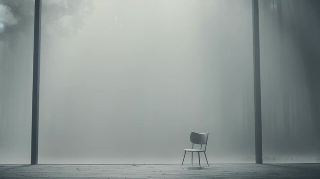 Single minimalist chair placed on a wooden floor, facing a large window looking out onto a thick, atmospheric fog enveloping a dense forest, evoking feelings of solitude and contemplation
