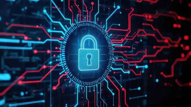 Cybersecurity data encryption lock on glowing circuit board symbolizing security and protection
