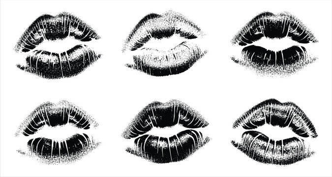 Six Black Ink Kiss Marks With Stippled Texture On White Background lips love