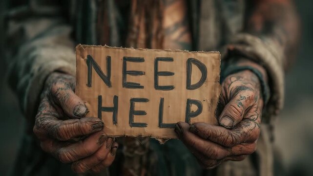 A homeless person stands in an urban area holding a sign that says need help, showing hands that appear worn and tired